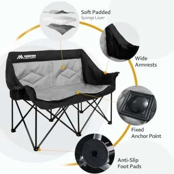 Huskfirm 2 Person Camping Chair Oversized Loveseat Camping Chair Double Camping Chairs for Adults Heavy Duty Camping Couch Black Outdoor Folding Chair Portable Patio Lawn Chair