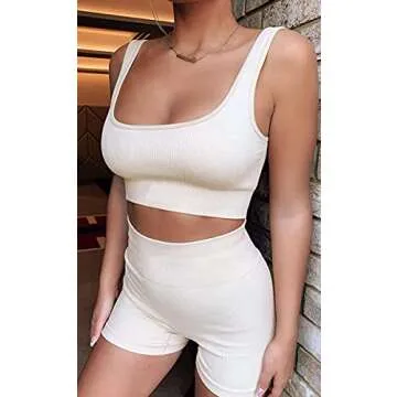 TWFRHC Women's Workout Sets Ribbed Tank 2 Piece Seamless High Waist Gym Outfit Yoga Shorts Sets