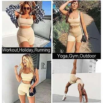 TWFRHC Women's Workout Sets Ribbed Tank 2 Piece Seamless High Waist Gym Outfit Yoga Shorts Sets