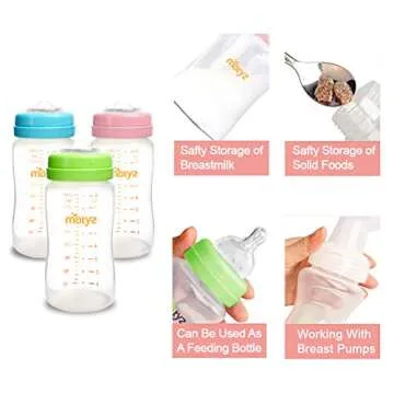 Matyz 6-Pack Breast Milk Storage Bottles (8 Ounce, 3 Colors) - Wide Neck Breastmilk Collection and Storage Bottle - Formula Storage Bottles Compatible with Medela Avent Spectra Pumps