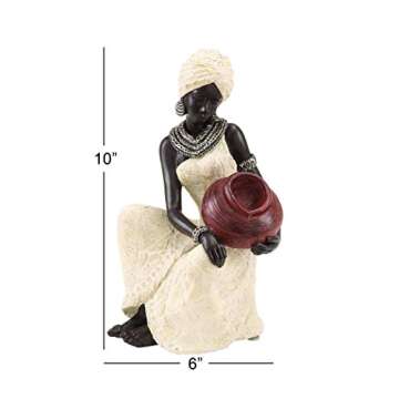 Deco 79 Polystone Woman Decorative Sculpture Sitting African Home Decor Statue with Red Water Pot, Accent Figurine 6" x 6" x 10", Cream