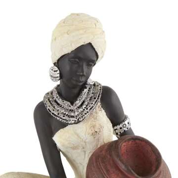 Deco 79 Polystone Woman Decorative Sculpture Sitting African Home Decor Statue with Red Water Pot, Accent Figurine 6" x 6" x 10", Cream