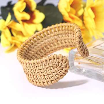 HSWE Rattan Bracelet Handmade Lightweight Straw Wicker Braid Cuff Bangle Bracelet Statement Adjustab...