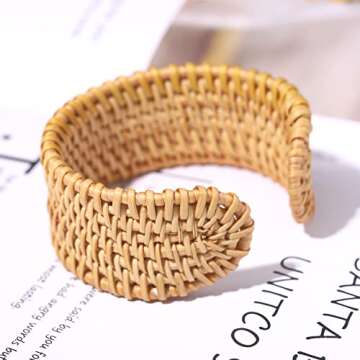HSWE Rattan Bracelet Handmade Lightweight Straw Wicker Braid Cuff Bangle Bracelet Statement Adjustable Bohemian Rattan Woven Chunky Bracelets for Summer Wrist Jewelry