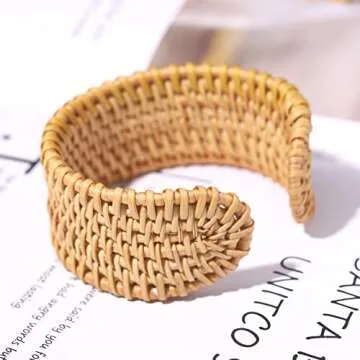 HSWE Rattan Bracelet Handmade Lightweight Straw Wicker Braid Cuff Bangle Bracelet Statement Adjustable Bohemian Rattan Woven Chunky Bracelets for Summer Wrist Jewelry