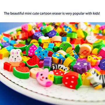 300PCS Mini Fun Erasers for Kids Bulk,Cute Assorted Novelty Pencil Erasers Desk Pets for Kids Party Favors School Student Prizes Gift(300Fruit&Animal)