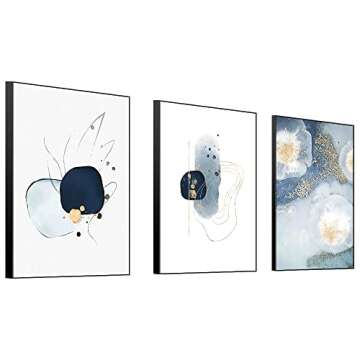 3 Framed Abstract Canvas Wall Art, Artwork in Blue, White and Grey, Simple and Elegant for Living Ro...
