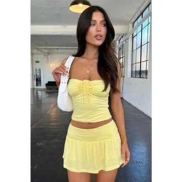 Women 2 Piece Mini Skirts with Short Set Summer Sleeveless Slim Tube Crop Tops Sexy Y2k Going Out Matching Outfits Yellow-S