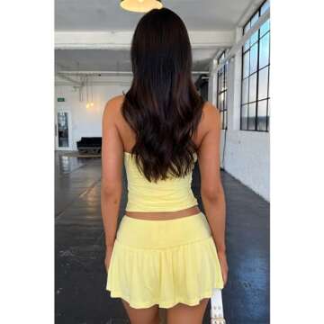 Women 2 Piece Mini Skirts with Short Set Summer Sleeveless Slim Tube Crop Tops Sexy Y2k Going Out Matching Outfits Yellow-S