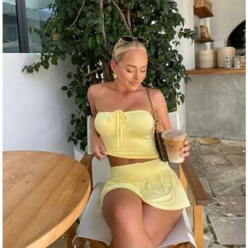 Women 2 Piece Mini Skirts with Short Set Summer Sleeveless Slim Tube Crop Tops Sexy Y2k Going Out Matching Outfits Yellow-S