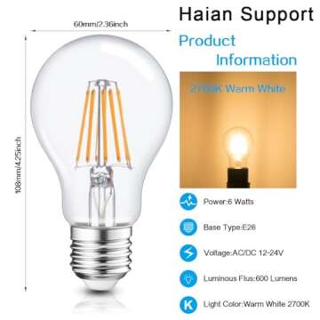 Haian Support Efficient 12V LED Bulb 6W 600Lm - E26/E27 Base - 12-24V AC/DC - 4 Pack - Ideal for Off-Grid Solar Battery Systems, RVs, Marine Lighting - Energy Saving 60W Equivalent - Warm White 2700K