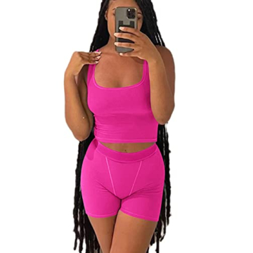 AYWA Casual Workout Sets Two Piece Outfits for Women Ribbed Crop Tank Top High Waist Leggings Active Wear (Fuchsia-shorts, Small)