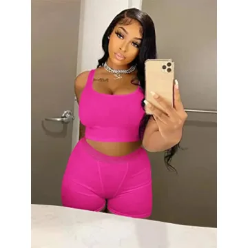 AYWA Casual Workout Sets Two Piece Outfits for Women Ribbed Crop Tank Top High Waist Leggings Active Wear (Fuchsia-shorts, Small)