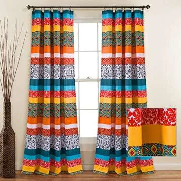 Lush Decor Boho Stripe Window Curtain Bohemian Geomatric Floral Design Panel Pair, 52" W x 84" L, Turquoise & Tangerine