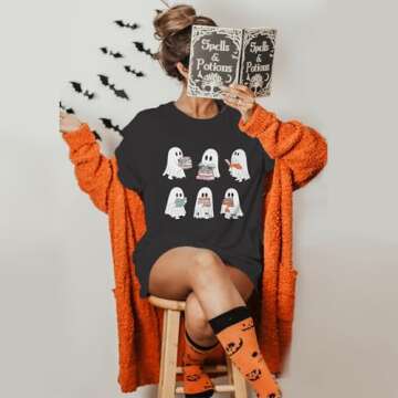 Teacher Halloween Shirt for Women Retro Spooky Ghost T-Shirt Short Sleeve Fall Teacher Tee Tops Dark...