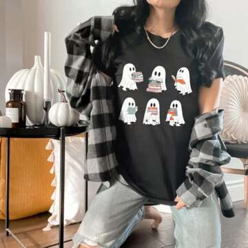 Teacher Halloween Shirt for Women Retro Spooky Ghost T-Shirt Short Sleeve Fall Teacher Tee Tops Dark Gray