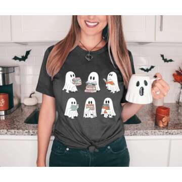 Teacher Halloween Shirt for Women Retro Spooky Ghost T-Shirt Short Sleeve Fall Teacher Tee Tops Dark Gray