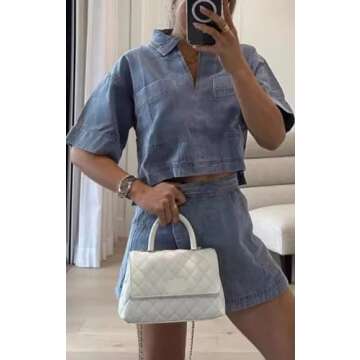 ELFTOWN Women's Denim Outfits Sets 2 Piece V Neck Short Sleeve Tunic Top Pullover High Waisted Jean ...