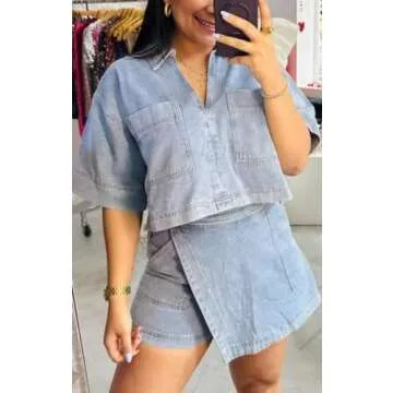 ELFTOWN Women's Denim Outfits Sets 2 Piece V Neck Short Sleeve Tunic Top Pullover High Waisted Jean Skorts Skirts Set (Small, Blue)