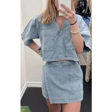 ELFTOWN Women's Denim Outfits Sets 2 Piece V Neck Short Sleeve Tunic Top Pullover High Waisted Jean Skorts Skirts Set (Small, Blue)
