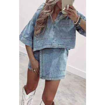ELFTOWN Women's Denim Outfits Sets 2 Piece V Neck Short Sleeve Tunic Top Pullover High Waisted Jean Skorts Skirts Set (Small, Blue)