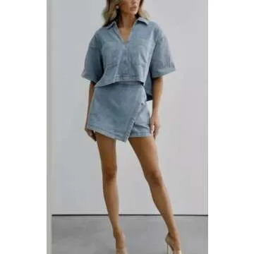 ELFTOWN Women's Denim Outfits Sets 2 Piece V Neck Short Sleeve Tunic Top Pullover High Waisted Jean Skorts Skirts Set (Small, Blue)