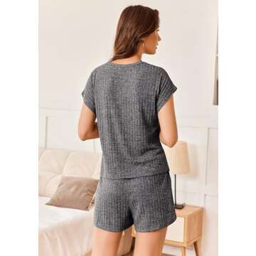 Ekouaer Pajamas for Women Ribbed Knit Lounge Set Cap Sleeve Top and Shorts Loungewear Sleepwear with Pockets S-XXL Dark Gray