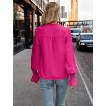 ECOWISH Long Sleeve Shirts for Women: Button Down Casual Fall Tops V Neck Polka Dot Trendy Tunic Dressy Fashion Spring Blouse S-Rose Red X-Large