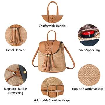 Hirooms Women Beach Bag Straw Woven Shoulder Bag Tote Bag Crossbody Bucket Handbags Summer Handmade Hobo Purse Bamboo Handle (Backpack1-Brown)
