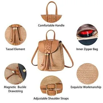 Hirooms Women Beach Bag Straw Woven Shoulder Bag Tote Bag Crossbody Bucket Handbags Summer Handmade Hobo Purse Bamboo Handle (Backpack1-Brown)