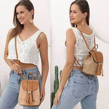 Hirooms Women Beach Bag Straw Woven Shoulder Bag Tote Bag Crossbody Bucket Handbags Summer Handmade Hobo Purse Bamboo Handle (Backpack1-Brown)