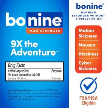 Bonine MAX Chewable for Motion Sickness Relief - with Meclizine HCL 50mg - Max Strength Formula to T...