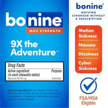 Bonine MAX Chewable for Motion Sickness Relief - with Meclizine HCL 50mg - Max Strength Formula to T...