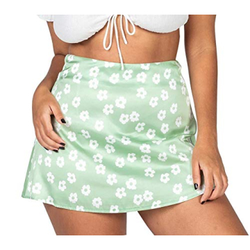 Zaxicht Womens High Waisted Floral Print Mini Skirt, Summer Casual Satin Double Layer A Line Dress F...