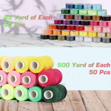 Blibly 100Pcs Bobbins Sewing Threads Kit, 500 Yard per Polyester Thread Spools, Prewound Bobbins with case, Sewing Threads for Sewing Machine, Sewing Supplies for Hand, Travel, DIY and Home, 50 Colors