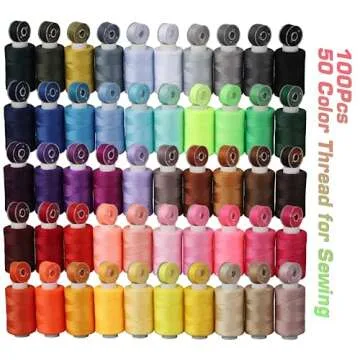 Blibly 100Pcs Bobbins Sewing Threads Kit, 500 Yard per Polyester Thread Spools, Prewound Bobbins with case, Sewing Threads for Sewing Machine, Sewing Supplies for Hand, Travel, DIY and Home, 50 Colors