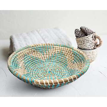 Allegorie Woven Basket Bowl Wall Hanging | Handmade Decorative Bowl with Hook | Chic Boho Décor, Ideal Housewarming Gift for Her | 11 Inches (Blue)