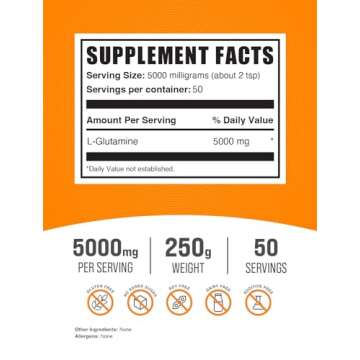 BulkSupplements.com L-Glutamine Powder - Glutamine Supplement, L-Glutamine 5000mg, L Glutamine Powder - Unflavored & Gluten Free, 5000mg per Serving, 250g (8.8 oz) (Pack of 1)