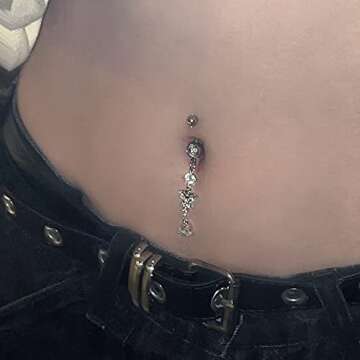 LAURITAMI 14G Dangle Belly Button Rings Surgical Steel Dangling CZ Belly Rings for Women Silver Rose Gold Belly Button Piercing Jewelry Silver