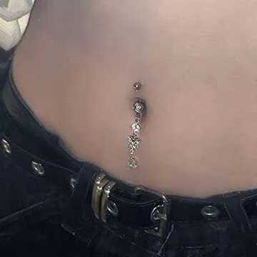 LAURITAMI 14G Dangle Belly Button Rings Surgical Steel Dangling CZ Belly Rings for Women Silver Rose Gold Belly Button Piercing Jewelry Silver