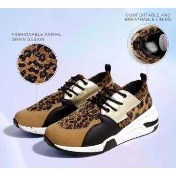 LUCKY STEP Women's High Heel Wedge Sneakers Fashion Cliff Platform Retro Lace Up Casual Shoes (Brown Leopard,8 B(M) US)