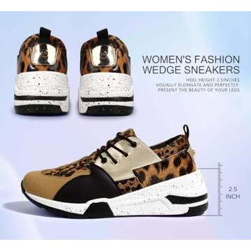 LUCKY STEP Women's High Heel Wedge Sneakers Fashion Cliff Platform Retro Lace Up Casual Shoes (Brown Leopard,8 B(M) US)