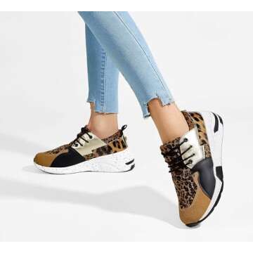 LUCKY STEP Women's High Heel Wedge Sneakers Fashion Cliff Platform Retro Lace Up Casual Shoes (Brown Leopard,8 B(M) US)