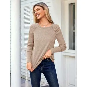 SimpleFun Long Sleeve Shirts for Women Pleated Tunic Tops Loose Fit Dressy Work Blouses 2024 Fall (Beige,L)