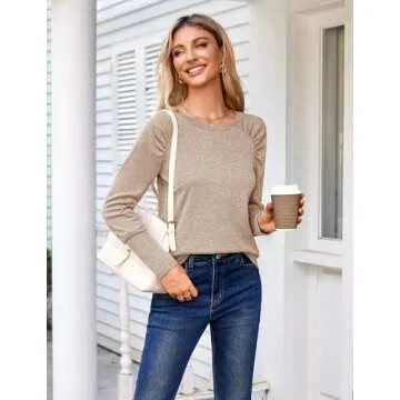 SimpleFun Long Sleeve Shirts for Women Pleated Tunic Tops Loose Fit Dressy Work Blouses 2024 Fall (Beige,L)
