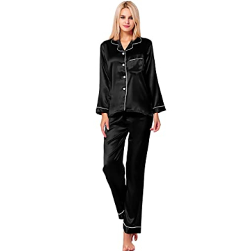 SWOMOG Pajamas Set Long Sleeve Sleepwear Womens Button Down Nightwear Soft Pj Lounge Sets Black