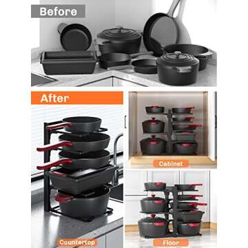 MUDEELA 8-Tier Heavy Duty Adjustable Pan Organizer Rack for Kitchen Cabinet Storage and Organization