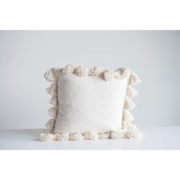 Creative Co-Op Cream Woven Pillow with Tassels