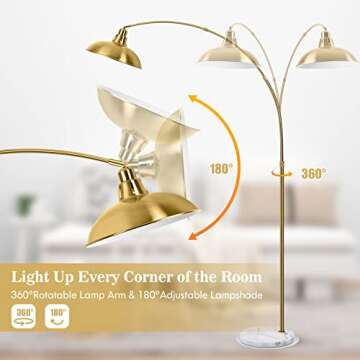 FILIYANO Gold Brass Arc Floor Lamp for Living Room - Mid Century Modern Standing Lamp, Overhanging Floor Lamps, Arch Stand Up Lamp & Floor Light with White Marble Base, Ideal for Bedroom Study Room