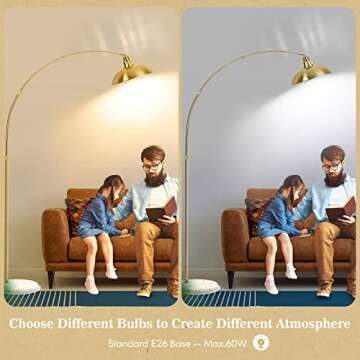 FILIYANO Gold Brass Arc Floor Lamp for Living Room - Mid Century Modern Standing Lamp, Overhanging Floor Lamps, Arch Stand Up Lamp & Floor Light with White Marble Base, Ideal for Bedroom Study Room